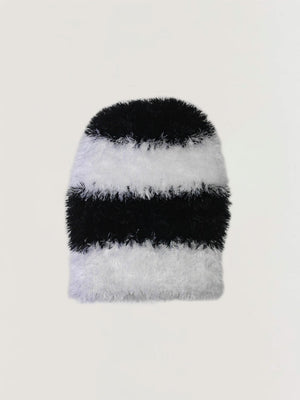Hand Knitted Fuzzy Hat - Black / White