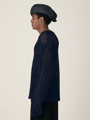 L/S CROCHET VEST - NAVY