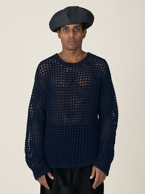 L/S CROCHET VEST - NAVY